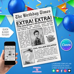 Superhero Birthday Invitation Printable 5x7 - Training Academy Party Invite, Vintage Newspaper Style - Editable Canva Template Link
