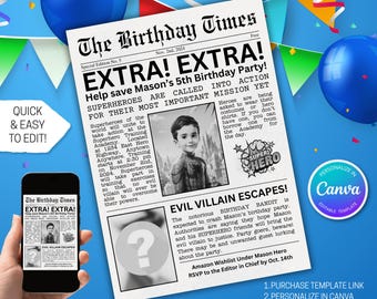 Superhero Birthday Invitation Printable 5x7 - Training Academy Party Invite, Vintage Newspaper Style - Editable Canva Template Link