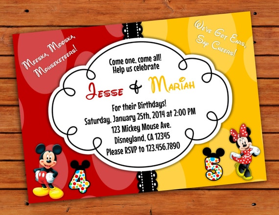Mickey and Minnie Mouse Double Party Themed Invitation - 4x6 or 5x7 - Printable Digital File Il_570xn