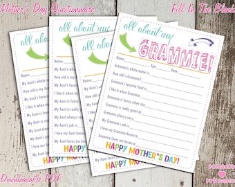 All About My Grammie Mother's Day Questionnaire - Instant Downloadable PDF - Fill In The Blank Printable for Kids
