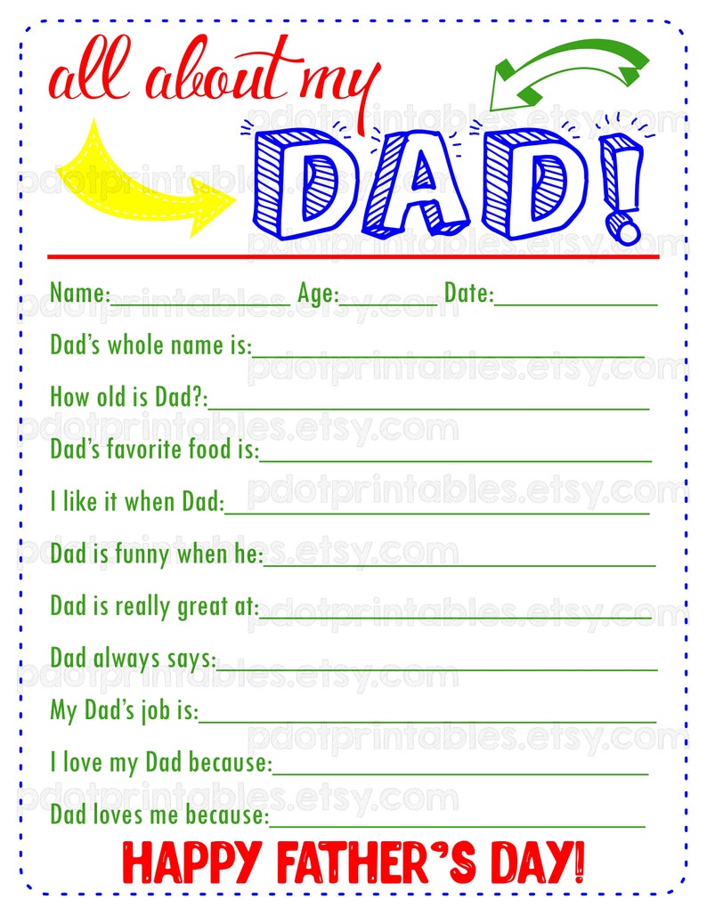 All About My Dad Father's Day Kids Questionnaire Coloring | Etsy