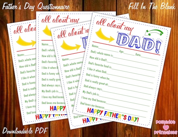 All About My Dad Father's Day Questionnaire - Instant Downloadable PDF - Fill In The Blank Printable for Kids Dad Daddy Father Pop Grandpa Il_570xn