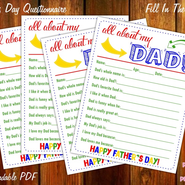 All About My Dad Father's Day Questionnaire - Instant Downloadable PDF - Fill In The Blank Printable for Kids Dad Daddy Father Pop Grandpa