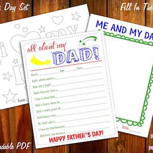 All About My Dad Father&#39;s Day Kids Questionnaire Coloring Sheets Instant Downloadable PDF Fill In The Blank Printable for Kids Dad Daddy