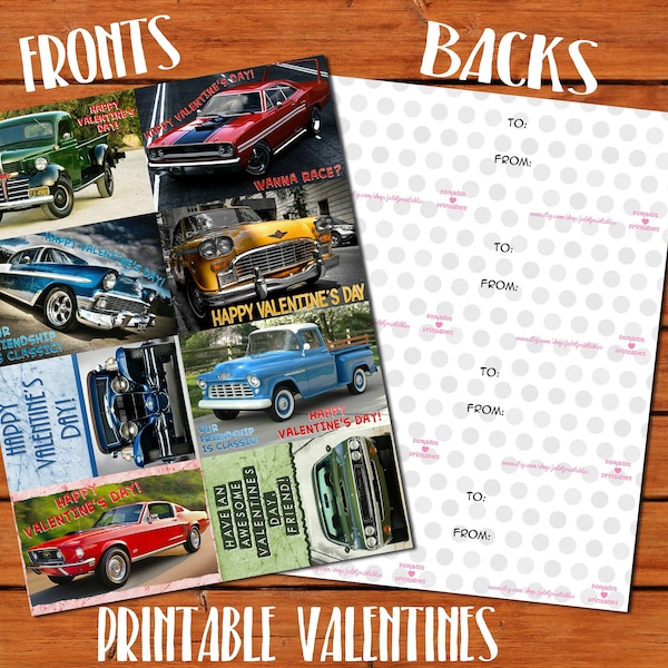 Classic Cars and Trucks Valentine Set - 8 Different Designs - Printable Classroom Valentines Instant Download Boy Valentines Car Valentines