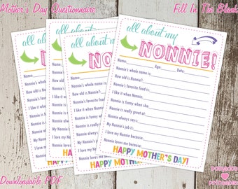 All About My Nonnie Mother's Day Questionnaire - Instant Downloadable PDF - Fill In The Blank Printable for Kids