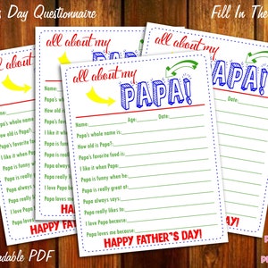 All About My Papa Father's Day Keepsake Questionnaire - Instant Downloadable PDF - Fill In The Blank Printable for Kids