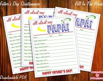 All About My Papa Father's Day Keepsake Questionnaire - Instant Downloadable PDF - Fill In The Blank Printable for Kids