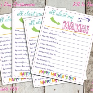 Alles über meine Mama Mutter Muttertags-Andenken Fragebogen - Sofort herunterladbare PDF-Datei - Füllen Sie die Lücke für Kinder aus