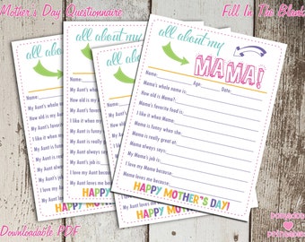 All About My Mama Mother's Day Questionnaire - Instant Downloadable PDF - Fill In The Blank Printable for Kids