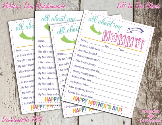 All About My Mommy Mother's Day Questionnaire - Instant Downloadable PDF - Fill In The Blank Printable for Kids Il_570xn