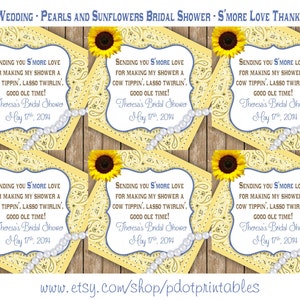 Casamento Country - Pérolas e Girassóis - Chá de panela - S'more Love Tags de agradecimento