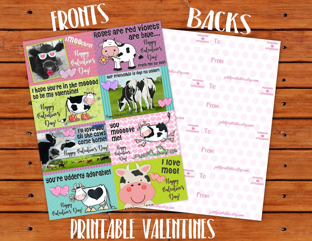 Cow Valentine Set  8 Different Designs  Printable Classroom