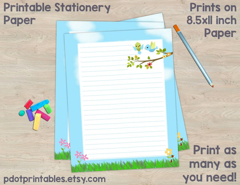 Birds and Flowers Printable Stationery Paper Penpal Letter Writing Instant Download PDF image 1