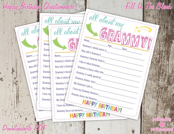 All About My Grammy Happy Birthday Questionnaire - Instant Downloadable PDF - Fill In The Blank Printable for Kids Il_570xn