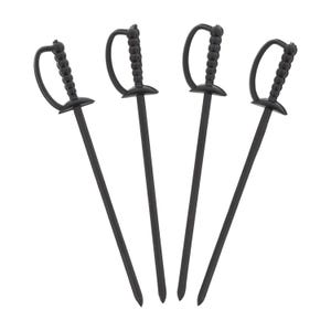 May include: Four black sword-shaped cocktail picks. Each pick features a handle with a rounded pommel and a curved handguard. The slender, pointed blades are designed for spearing food items. These decorative picks add a touch of flair to any gathering.