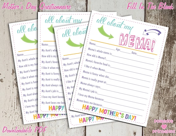 All About My Mema Mother's Day Questionnaire - Instant Downloadable PDF - Fill In The Blank Printable for Kids Il_570xn