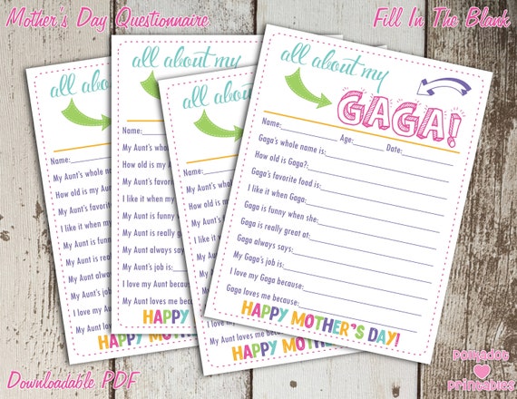 All About My Gaga Mother's Day Questionnaire - Instant Downloadable PDF - Fill In The Blank Printable for Kids Il_570xn