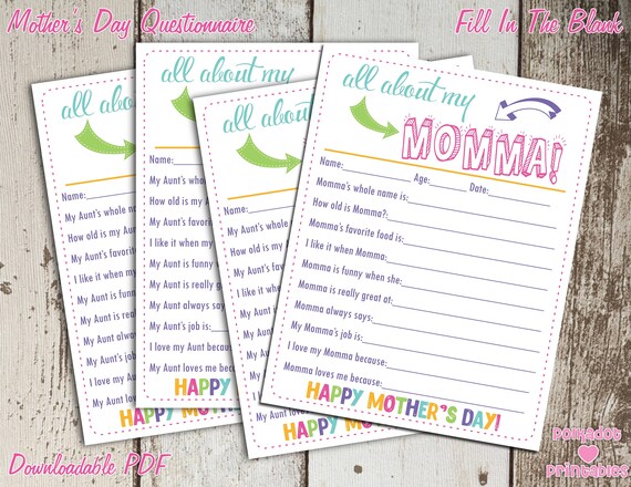 All About My Momma Mother's Day Questionnaire - Instant Downloadable PDF - Fill In The Blank Printable for Kids Il_570xn