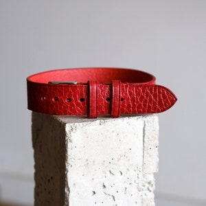 May include: A red leather watch strap with a silver buckle.