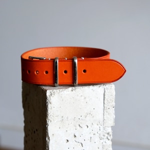 May include: Orange leather watch strap with silver buckle and stitching.