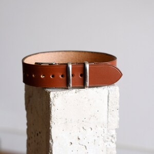 May include: A brown leather watch strap with silver buckle and keepers.