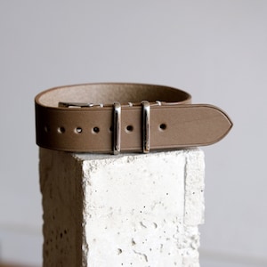 May include: A brown leather watch strap with silver buckle and keepers.
