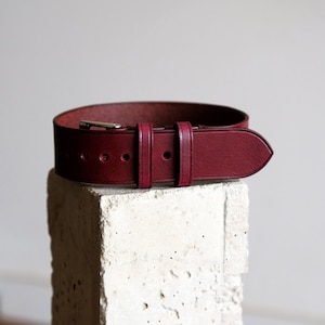 May include: A burgundy leather watch strap with a silver buckle.