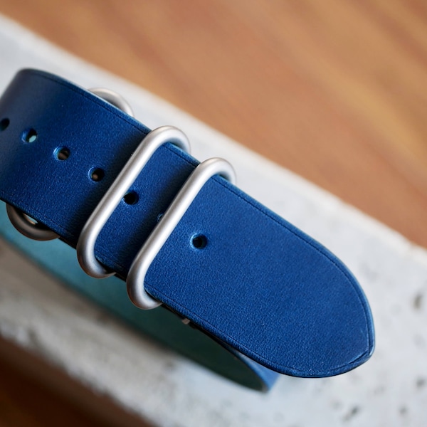 Leather single pass watch band/strap From Atelier Du Cuir -100% handmade 18,20,22,24&26mm - blue -
