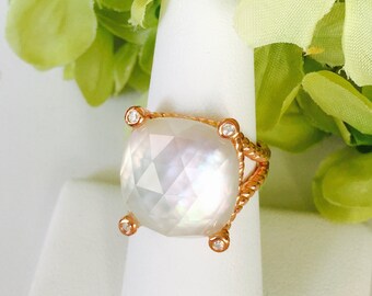 Size 7 Faceted Rose-cut Cushion White Shell Crystal 18K Rose Gold Braided Vermeil Ring