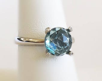 London Blue Topaz accented with CZ Rhodium Vermeil Ring, Natural London Blue Topaz Ring, Blue Gemstone Ring, Round Gemstones Rings