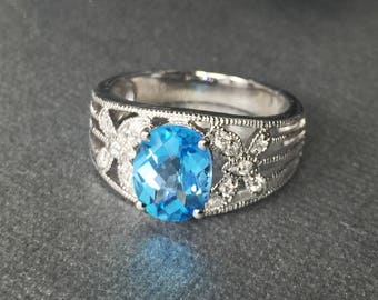 Size 7 Swiss Blue Topaz Rhodium Vermeil Rings, Oval Swiss Blue Topaz Rings, Blue Topaz, Swiss Topaz, Silver Rings, Statement Rings