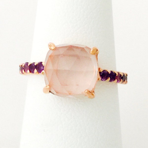 Size 6.5 Rose Quartz Purple Amethyst Rose Gold Vermeil Ring, Cushion Rose-Cut Rose Quartz Rings, Silver Rings, Rose Gold Rings, Pave Rings