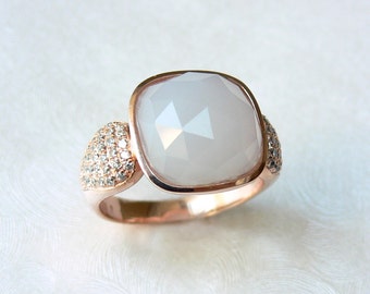 SALE Size 7 - Faceted Cushion Rose Cut Blue Chalcedony accented with CZ Rose Gold Vermeil Ring, Statement Rings