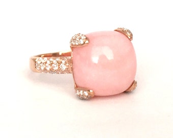 Pink Opal CZ Pave Round Cushion 18K Rose Gold Vermeil Ring, Statement Rings, Pink Opal Rings, Pink Gemstones, Gifts for her