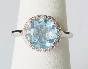 Size 6 Blue Topaz White Gold Vermeil Ring, Blue Stone Rings, Gifts for Her, Round-cut White Gold Rings, Natural Gemstones Ring, Silver Ring