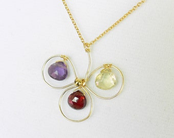 Garnet, Lemon Quartz, Purple Amethyst Clover Wired in 18K Yellow Gold Vermeil Pendant Necklace