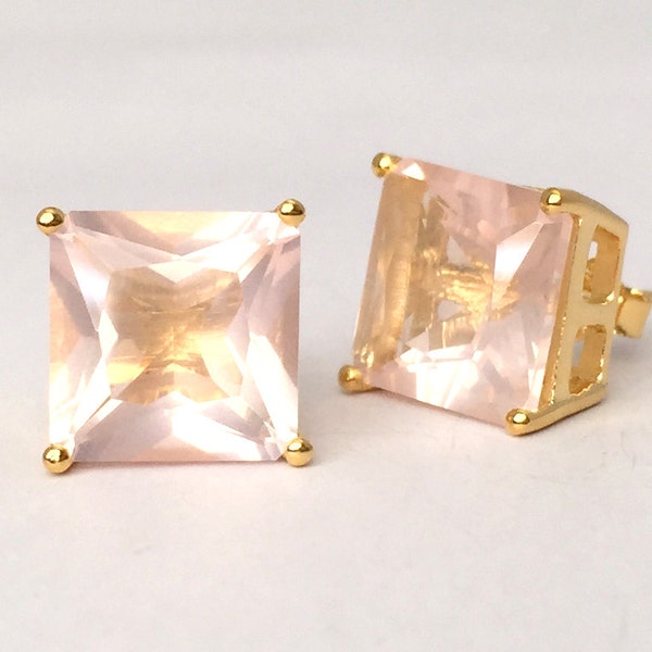 SALE - Rose Quartz Princess-cut 18K Rose Gold Vermeil Stud Earrings