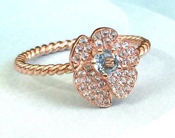 SALE Size 6.5 - Blue Topaz Pave Flower Rose Gold Vermeil Braided Band Ring, Gemstones Pave Rings, Rose Gold Rings, Natural Blue Topaz Rings