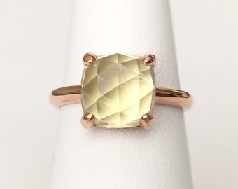 SALE Lemon Quartz Faceted Cushion Rose-cut 18K Rose Gold Vermeil Ring