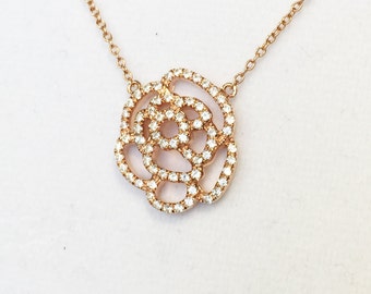 Stunning White Topaz Pave Rose Pendant Rose Gold Vemeil Chain Necklace