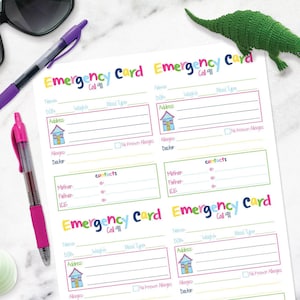 May include: Four printable emergency contact cards with a cartoon house, a check box for "No Known Allergies", and a section for "Contacts" with spaces for Mother, Father, and ICE. The cards are white with pink, blue, and yellow accents. The text "Emergency Card Call 911" is at the top of each card.