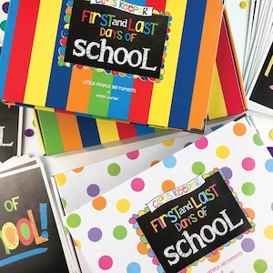 May include: Two colorful books with a rainbow striped cover and polka dot cover. The books are titled "First and Last Days of School" with a chalkboard style font. The books are for teachers to keep track of the first and last day of school for their students.