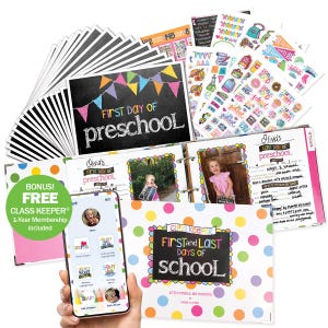 May include: A school memory book set featuring a white binder with colorful polka dots, titled First and Last Days of School. Includes black chalkboard-style cards with colorful bunting, sticker sheets, and a smartphone displaying a digital app interface.