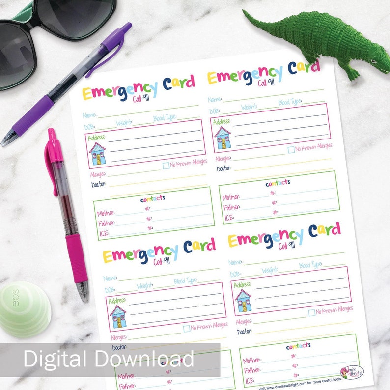 May include: Four printable emergency contact cards with a cartoon house, a check box for "No Known Allergies", and a section for "Contacts" with spaces for Mother, Father, and ICE. The cards are white with pink, blue, and yellow accents. The text "Emergency Card Call 911" is at the top of each card.