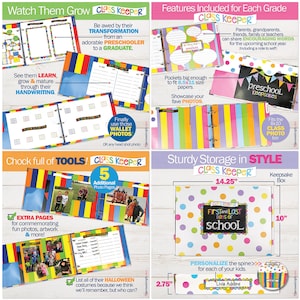 May include: A colorful Class Keeper memory book with a rainbow striped cover and a title that reads "Watch Them Grow". The book has pockets for photos and features a section for handwriting. The book is 14.25 inches wide and 10 inches tall.