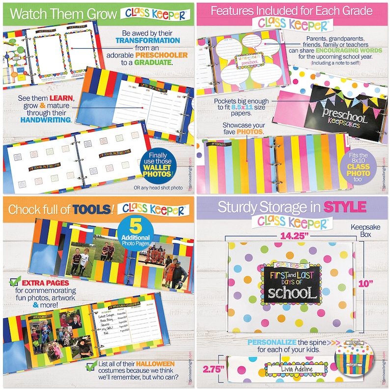 May include: A colorful Class Keeper memory book with a rainbow striped cover and a title that reads "Watch Them Grow". The book has pockets for photos and features a section for handwriting. The book is 14.25 inches wide and 10 inches tall.