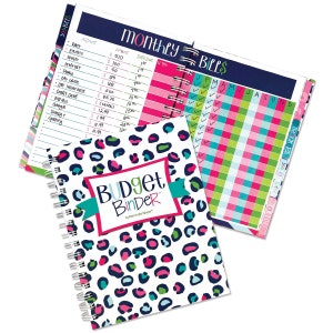 May include: A pink, blue, and green leopard print budget binder with a spiral binding. The cover says "Budget Binder" with a teal ribbon. The inside pages have a monthly bill tracker with check boxes for each month.