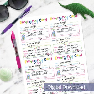May include: A printable emergency card template for children. The card is designed with a cartoon house and includes fields for the child's name, date of birth, weight, blood type, address, allergies, doctor's name and phone number, and emergency contacts.