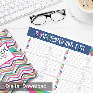 May include: A subscription list printable with a blue header that reads "SUBSCRIPTIONS LIST". The list has sections for tracking subscription details. A colorful binder and a keyboard are also visible. The words "Digital Download" are at the bottom.
